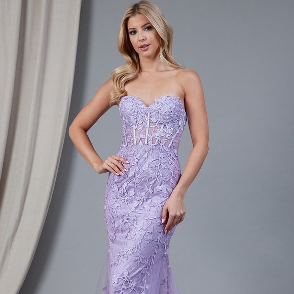 NEW LONG OFF THE SHOULDER SLEEVELESS EMBROIDERED GOWN WITH LACED UP BACK AC 7024